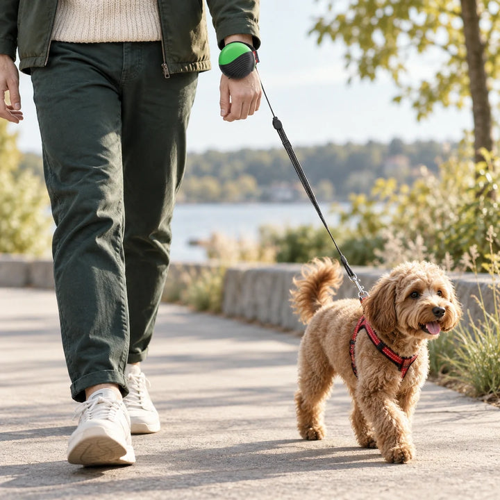 Handsfree Hundkoppel för Handleden - Hund och ägare på promenad vid vattnet - Djurslottet