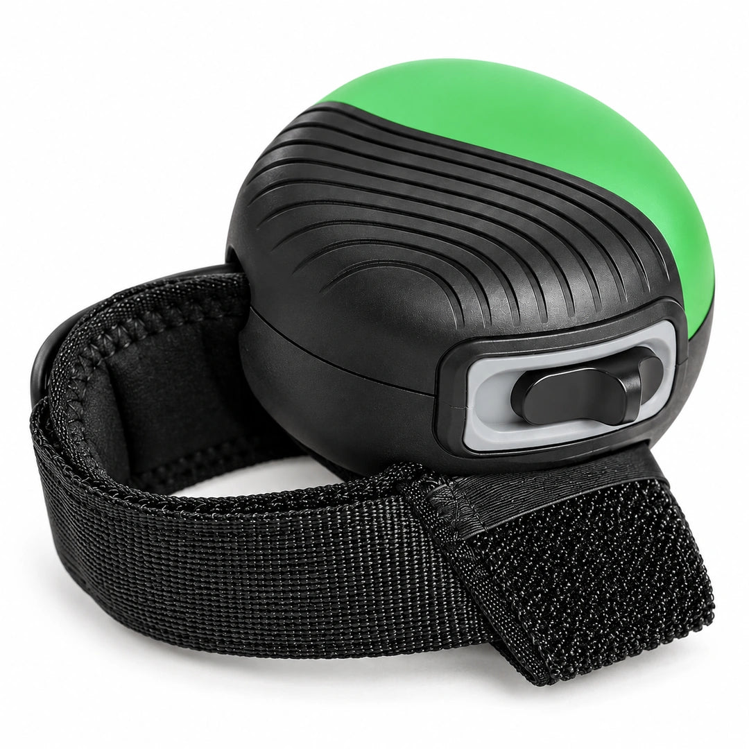 Handsfree Hundkoppel för Handleden – närbild av grönt koppelhus och handledsrem – Djurslottet
