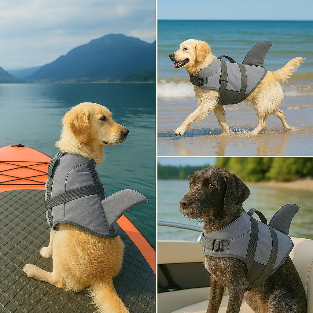 Kollage med grå hajformad hundflytväst – paddleboard, strand och naturligt poserande hund i båt