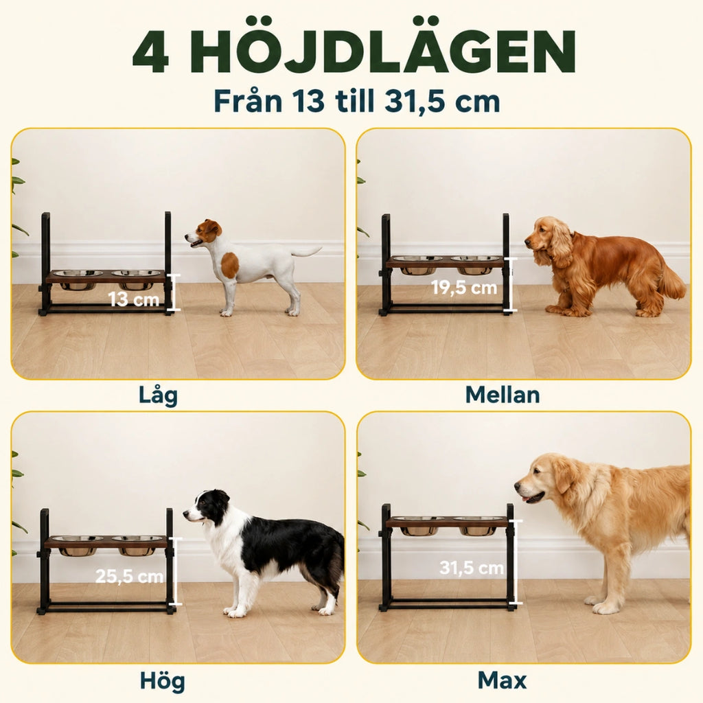 PawHut Upphöjd Hundskål med fyra höjdlägen 13 till 31,5 cm - Djurslottet