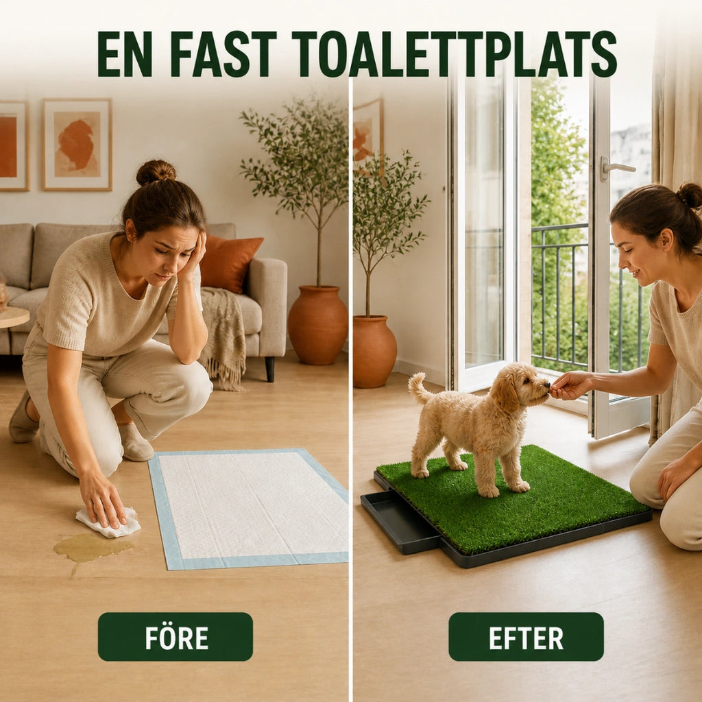 Före och efter med hundtoalett i stället för engångsunderlägg - Djurslottet