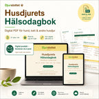 Husdjurets Hälsodagbok – digital ifyllbar PDF för hund och katt, visad på laptop, surfplatta och utskrift från Djurslottet.