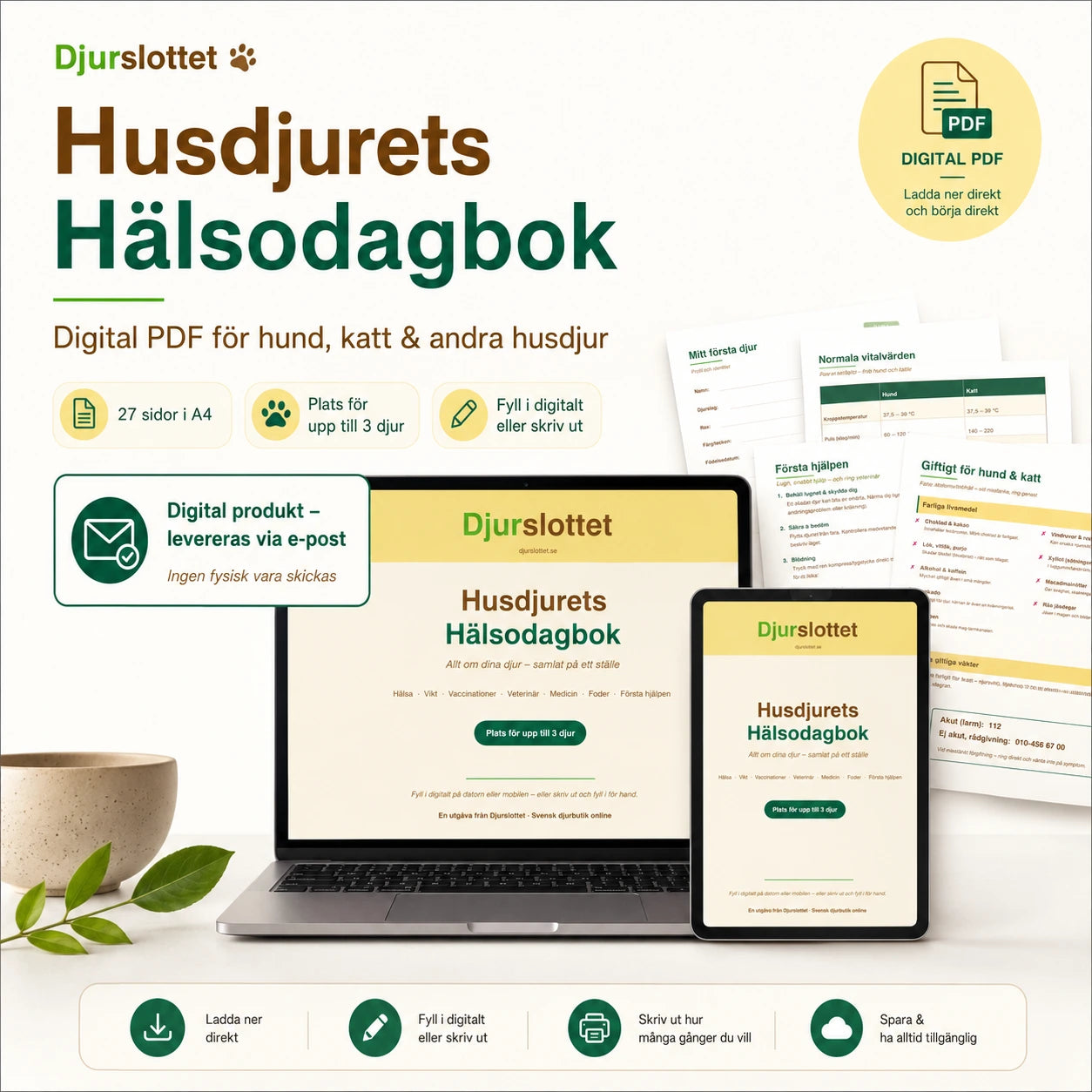 Husdjurets Hälsodagbok – digital ifyllbar PDF för hund och katt, visad på laptop, surfplatta och utskrift från Djurslottet.