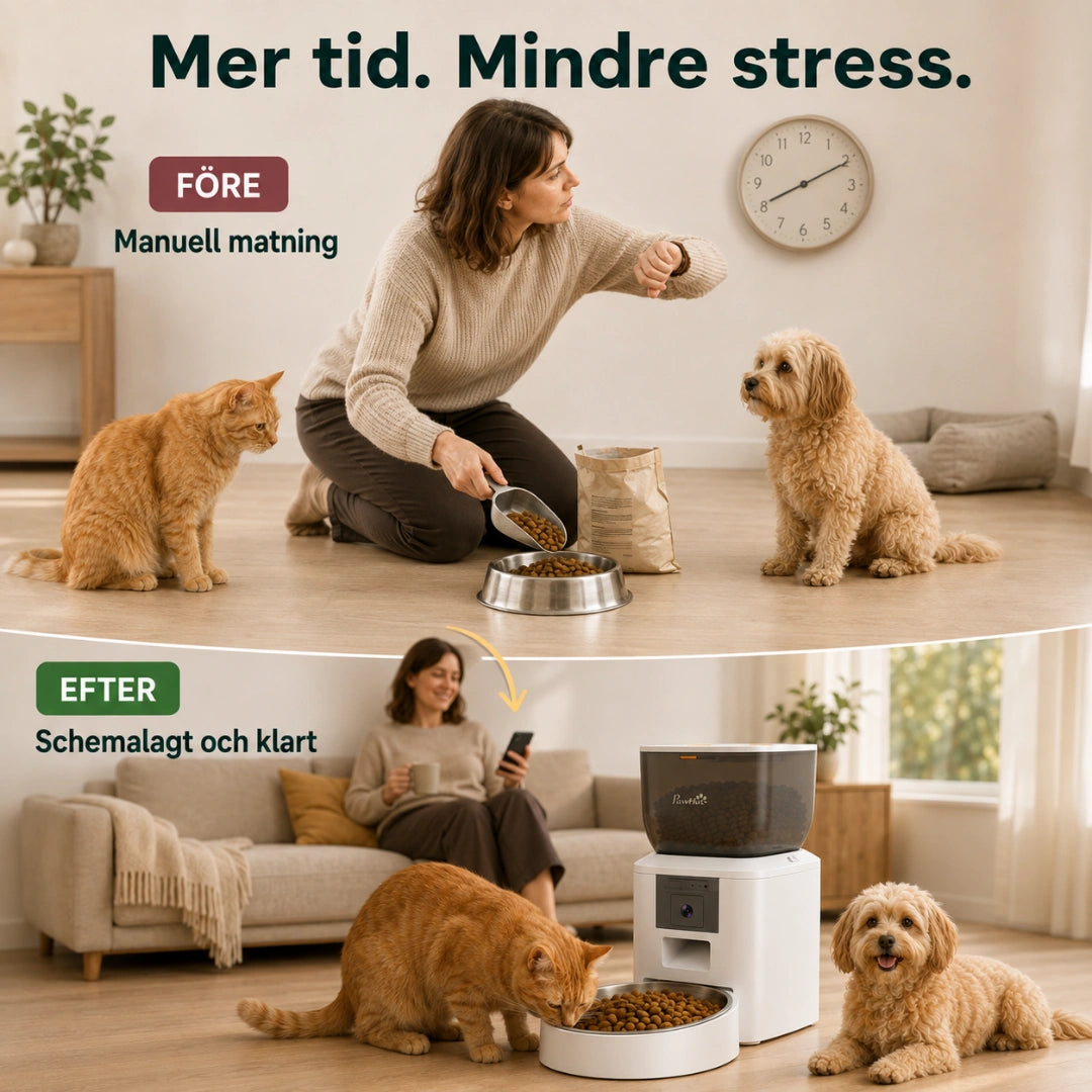 Före och efter med schemalagd matning i stället för manuell matning - Djurslottet
