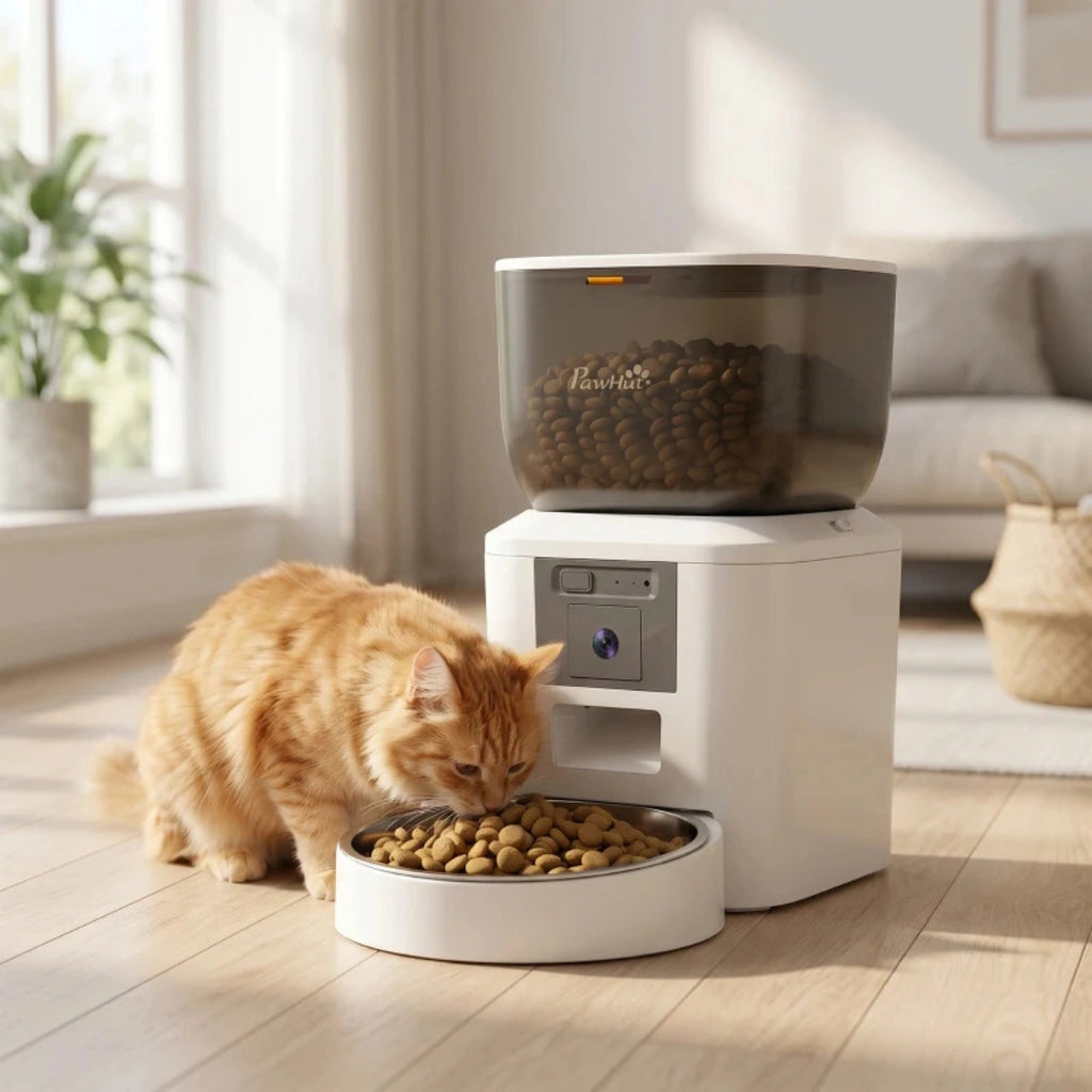 Katt som äter ur den rostfria skålen vid foderautomaten - Djurslottet