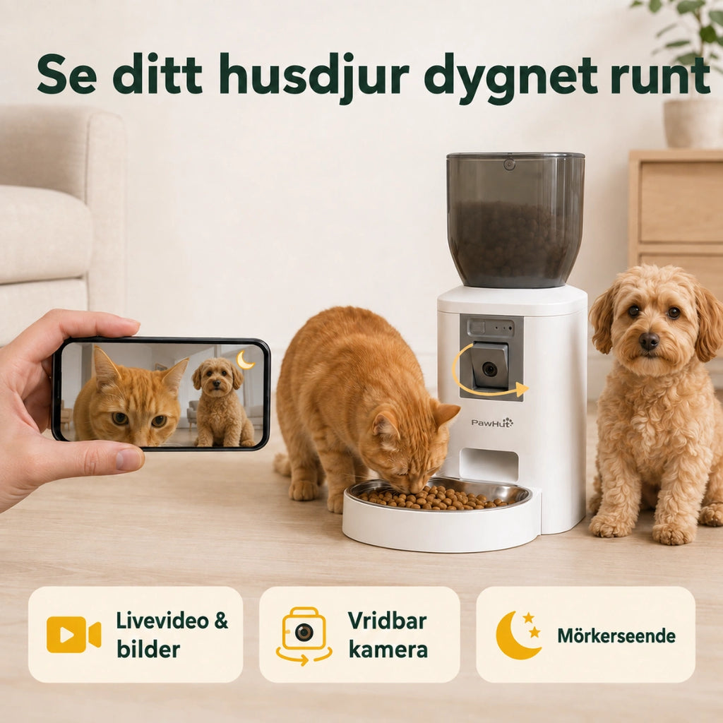 Vridbar kamera med livevideo och mörkerseende visar hund och katt - Djurslottet