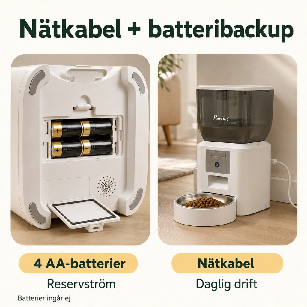 Nätkabel för daglig drift och fyra AA-batterier som reservkraft - Djurslottet