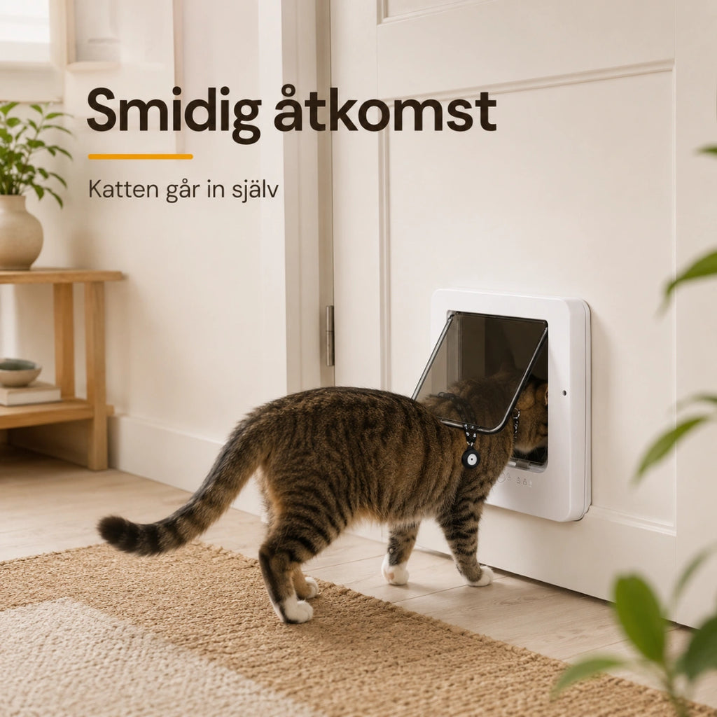 Katt går genom PetVent kattlucka med chiphalsband – Djurslottet