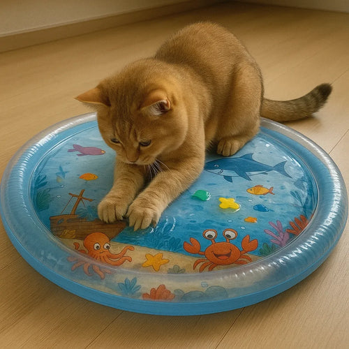 katt leker med vattenfylld aktivitetsmatta med flytande plastfiskar