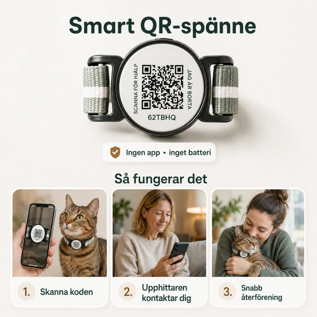 Närbild på QR-brickan och säkerhetsspännet - Djurslottet
