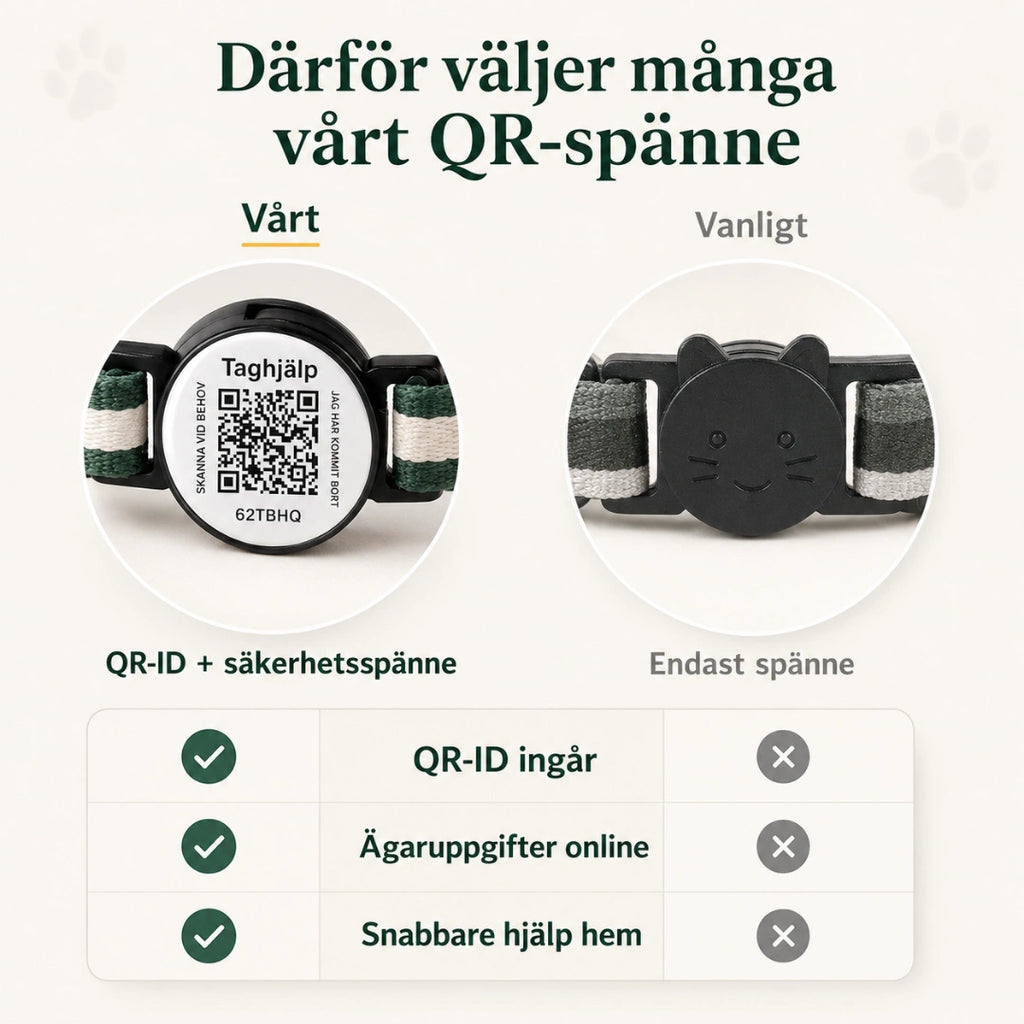 Vårt QR-spänne jämfört med ett vanligt katthalsband - Djurslottet
