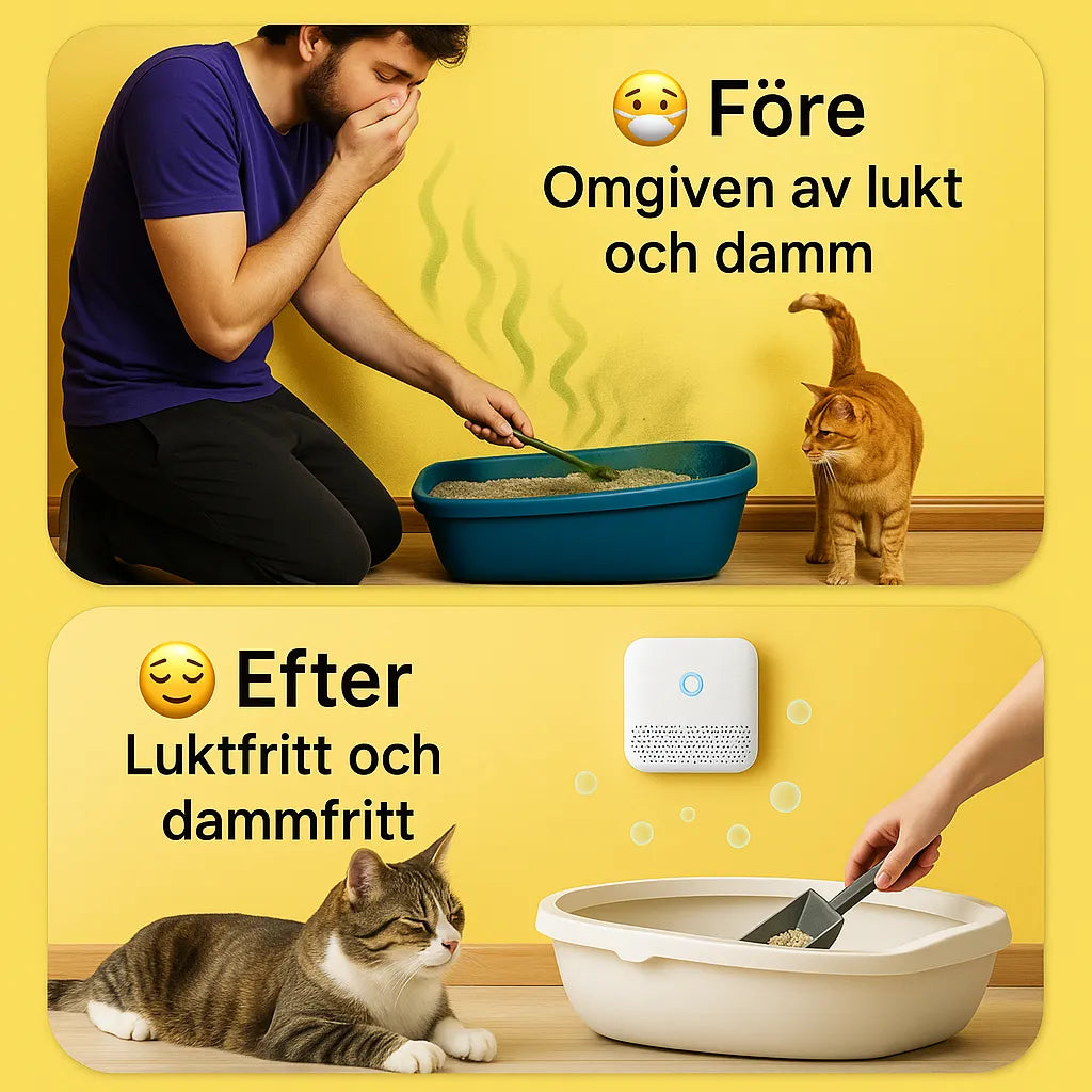 Före och efter-bild av kattlåda med luftrenare – luktfri och dammfri lösning