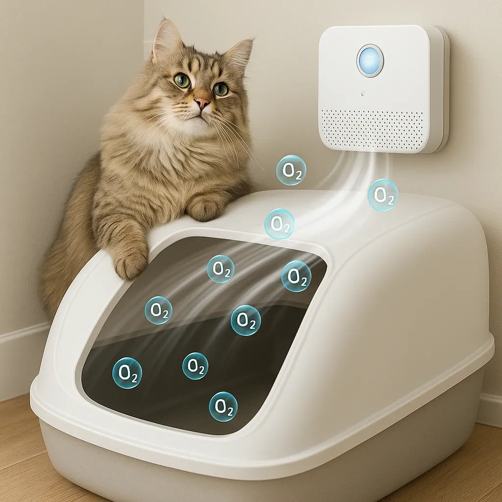 Luftrenare för kattlåda i användning – katt på vit kattlåda med renande O₂-flöde