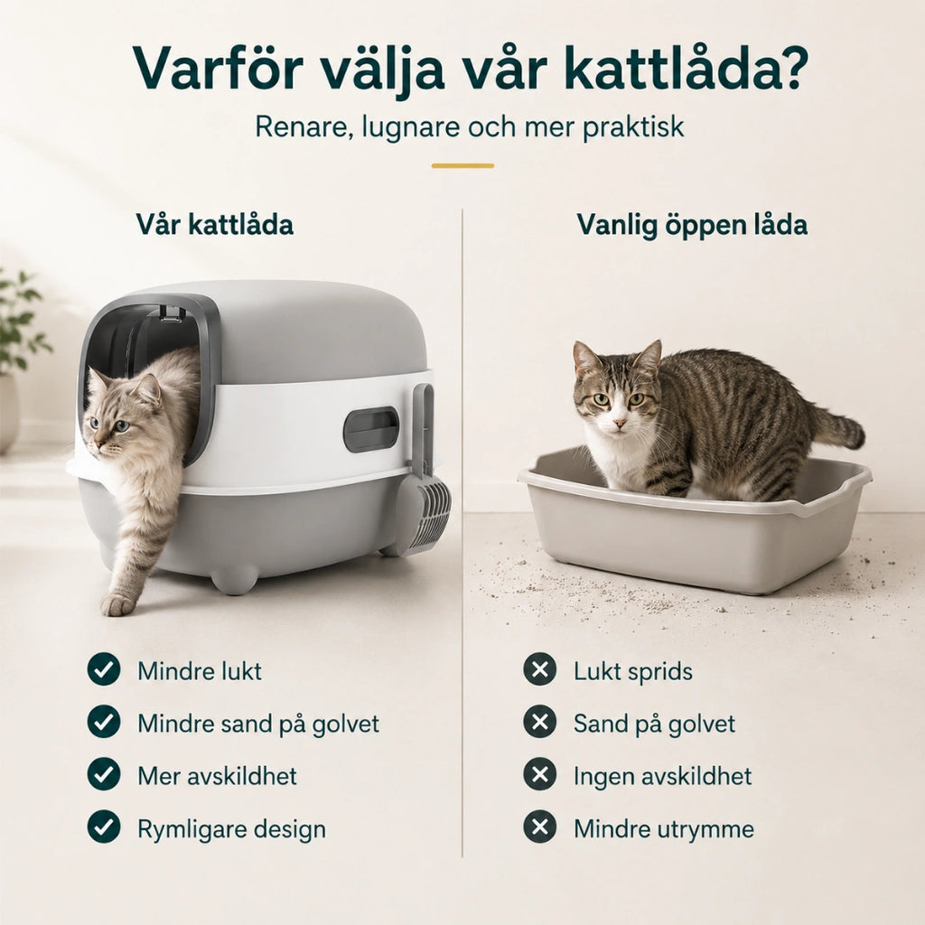 BingoPaws Stor kattlåda med tak jämfört med öppen kattlåda - Djurslottet