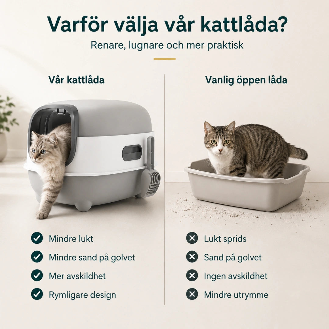 BingoPaws Stor kattlåda med tak jämfört med öppen kattlåda - Djurslottet