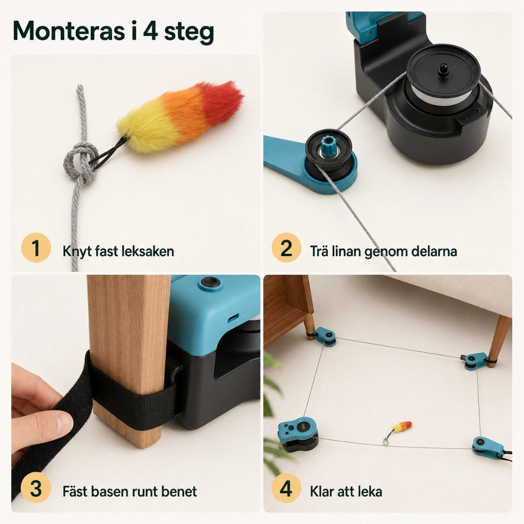 Purrnivo Automatisk Snörleksak monteras i fyra steg - Djurslottet