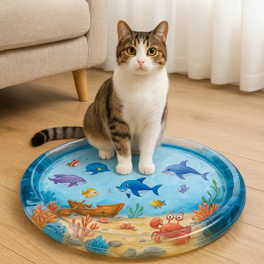 Katt sitter på vattenfylld aktivitetsmatta med havsmotiv i ett modernt vardagsrum – perfekt för lek och stimulans inomhus.