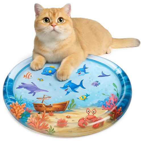 Instruktionsbild på svenska som visar hur man fyller en vattenmatta: fyll den inre mattan med vatten från kranen och blås upp ytterringen med munnen eller pump – enkel att använda för sommarlek eller husdjur.