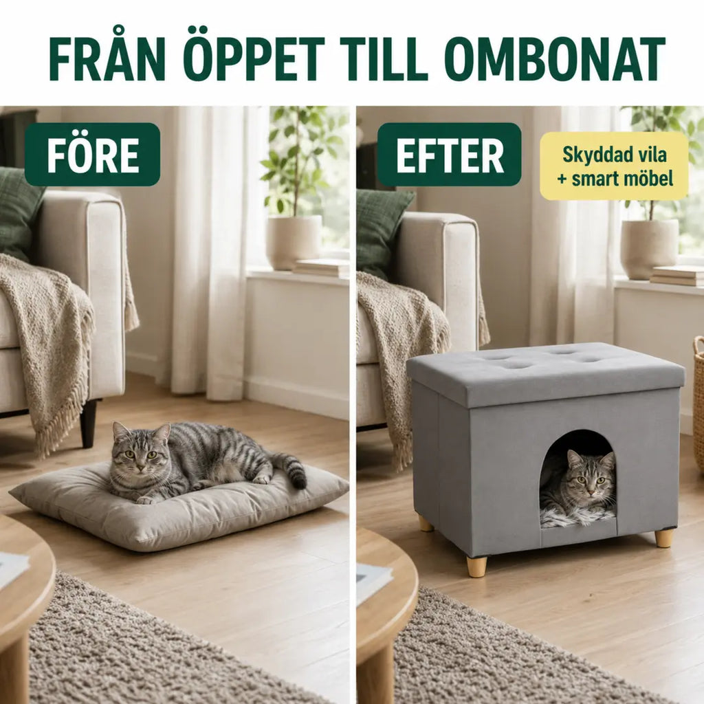PawHut Katthus och Sittpuff 2-i-1 – Före och efter från öppen dyna till skyddad viloplats – Djurslottet