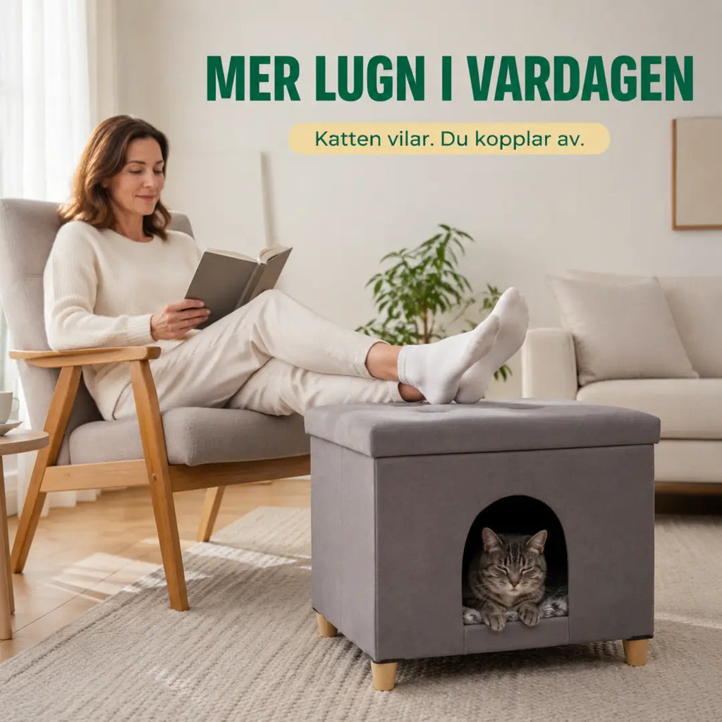 PawHut Katthus och Sittpuff 2-i-1 – Använd som fotpall medan katten vilar inuti – Djurslottet