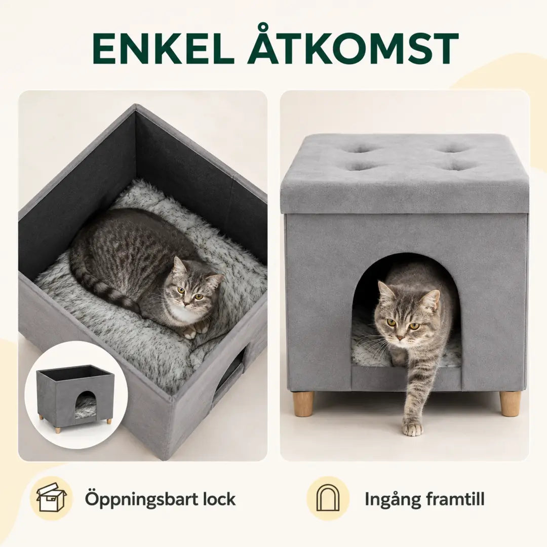 PawHut Katthus och Sittpuff 2-i-1 – Med öppningsbart lock och ingång framtill – Djurslottet