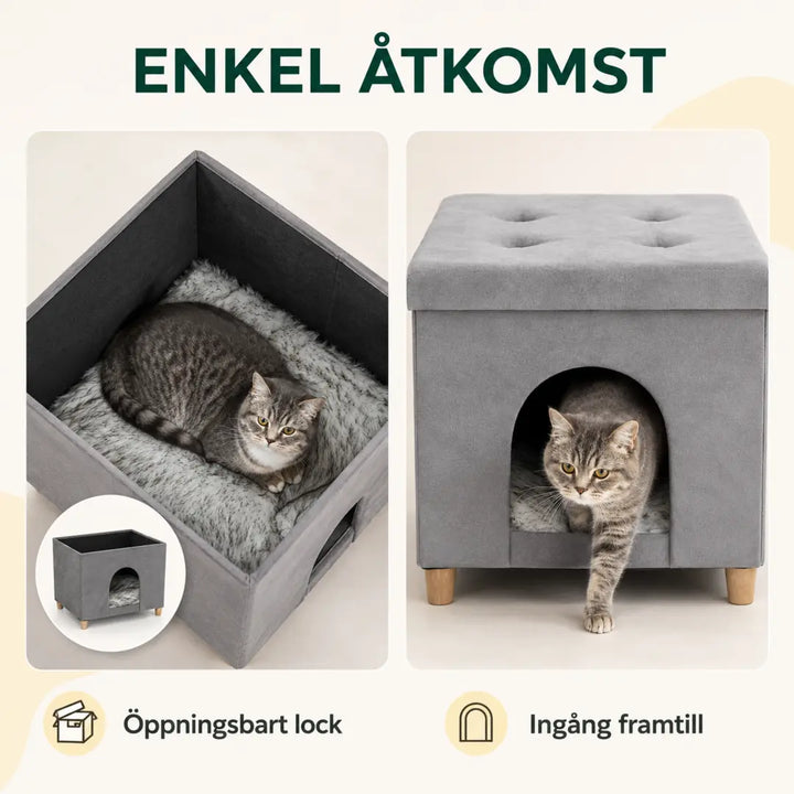 PawHut Katthus och Sittpuff 2-i-1 – Med öppningsbart lock och ingång framtill – Djurslottet