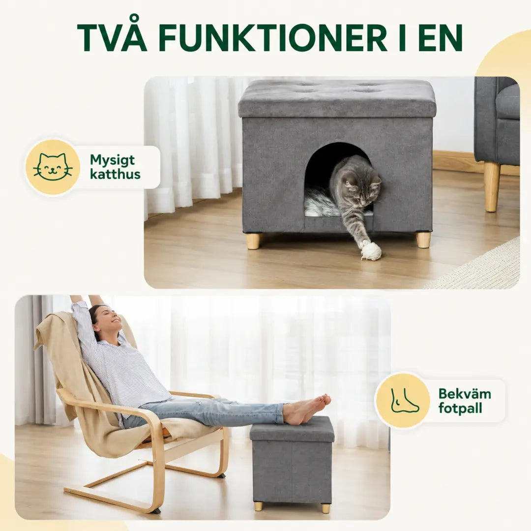PawHut Katthus och Sittpuff 2-i-1 – Som mysigt katthus och bekväm fotpall – Djurslottet