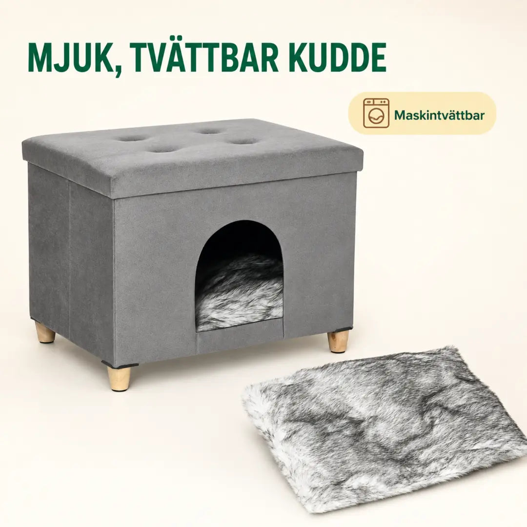 PawHut Katthus och Sittpuff 2-i-1 – Med avtagbar och maskintvättbar innerkudde – Djurslottet