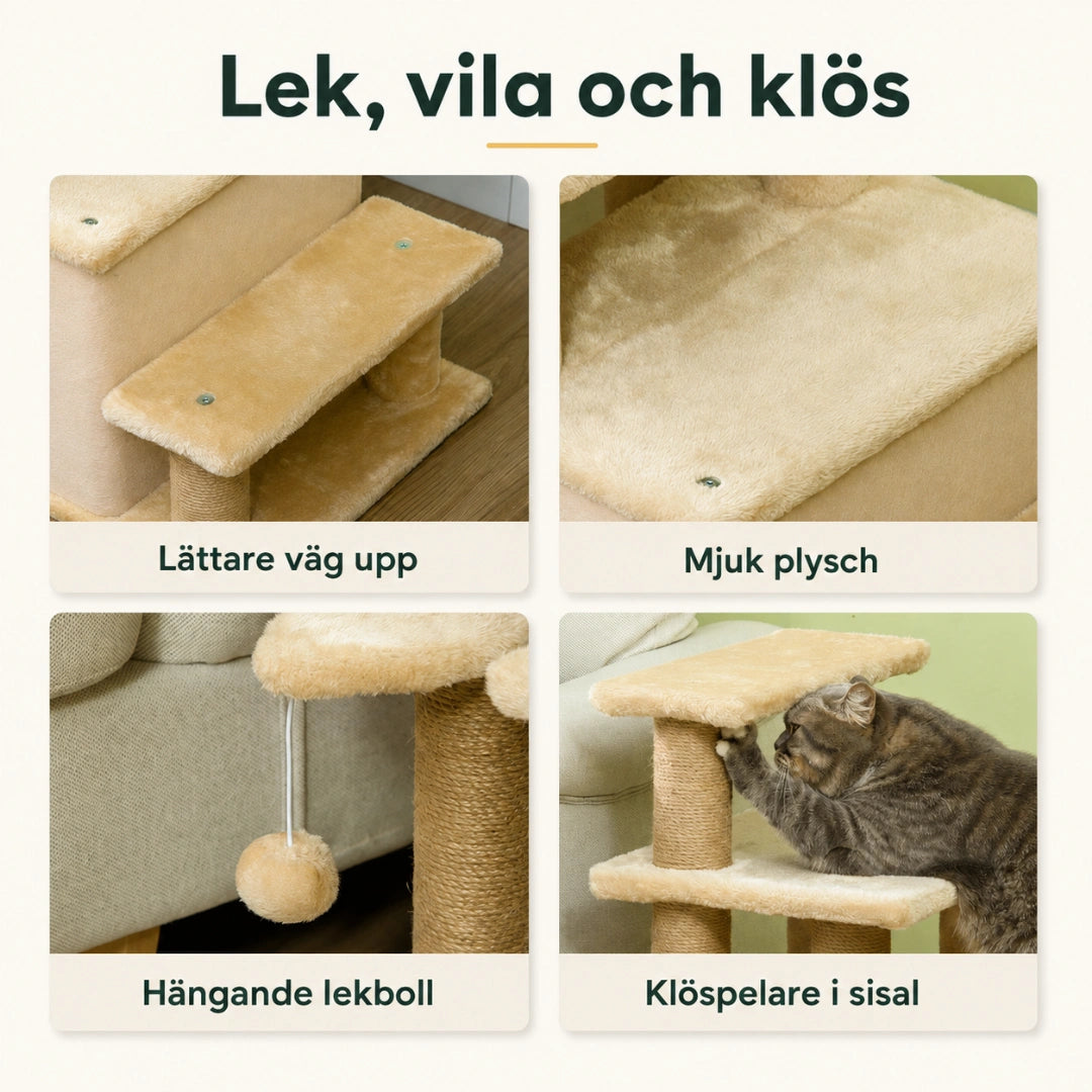 PawHut Kattrappa 3-i-1 med Grotta detaljer för lek vila och klös - Djurslottet