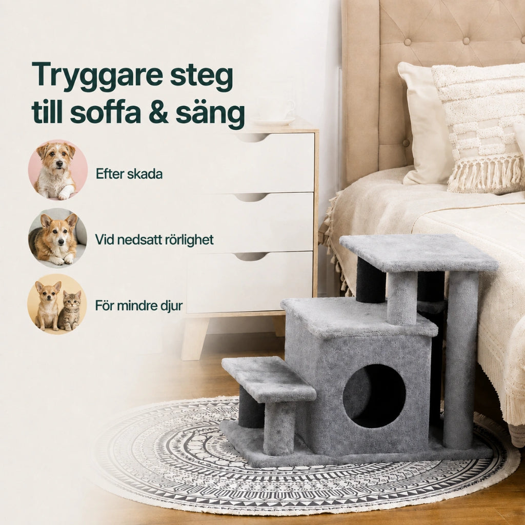 PawHut Kattrappa 3-i-1 med Grotta ger tryggare steg till soffa och säng - Djurslottet