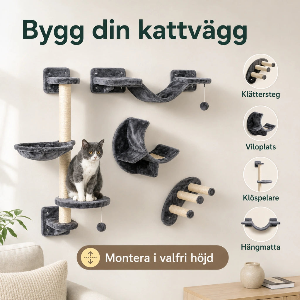 Delarna i kattväggen, klätterstege, viloplats, klöspelare och hängmatta - Djurslottet