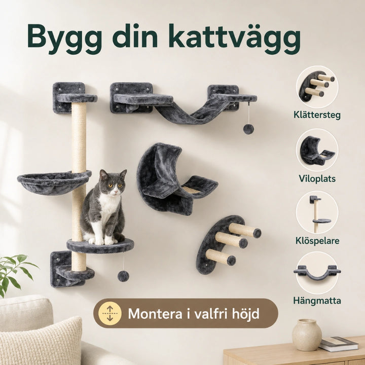 Delarna i kattväggen, klätterstege, viloplats, klöspelare och hängmatta - Djurslottet