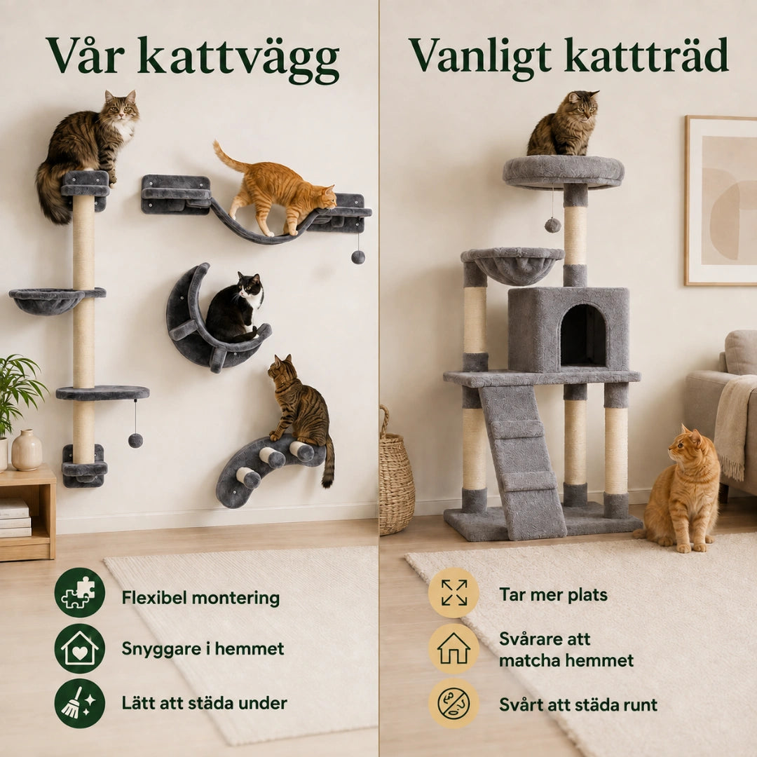 Vår kattvägg jämförd med ett vanligt kattträd - Djurslottet