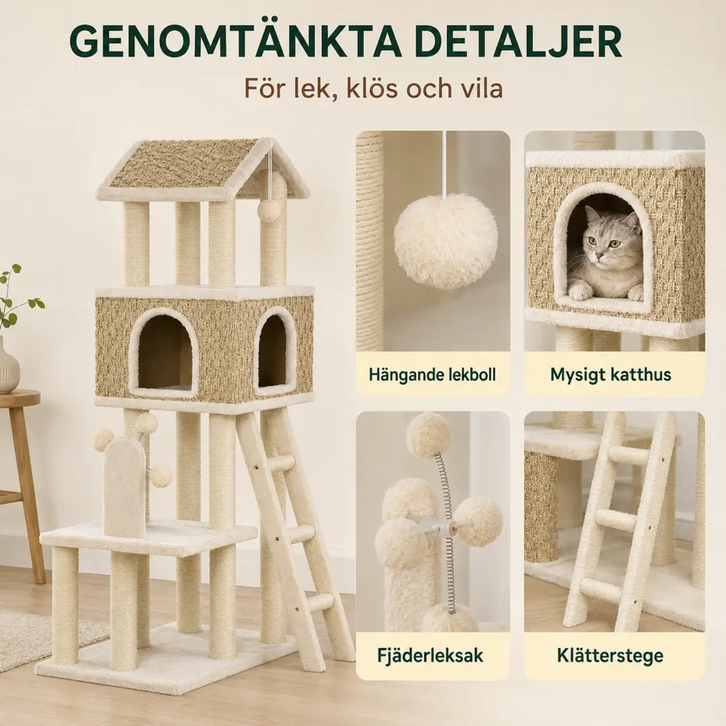 PawHut Klösträd i Sjögräs detaljer lekboll fjäder och stege - Djurslottet