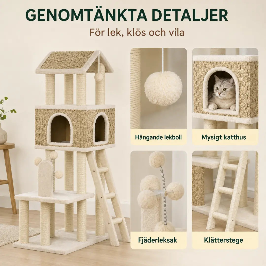 PawHut Klösträd i Sjögräs detaljer lekboll fjäder och stege - Djurslottet