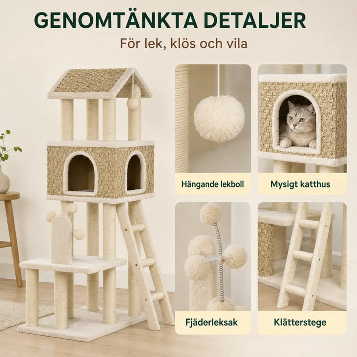 PawHut Klösträd i Sjögräs detaljer lekboll fjäder och stege - Djurslottet