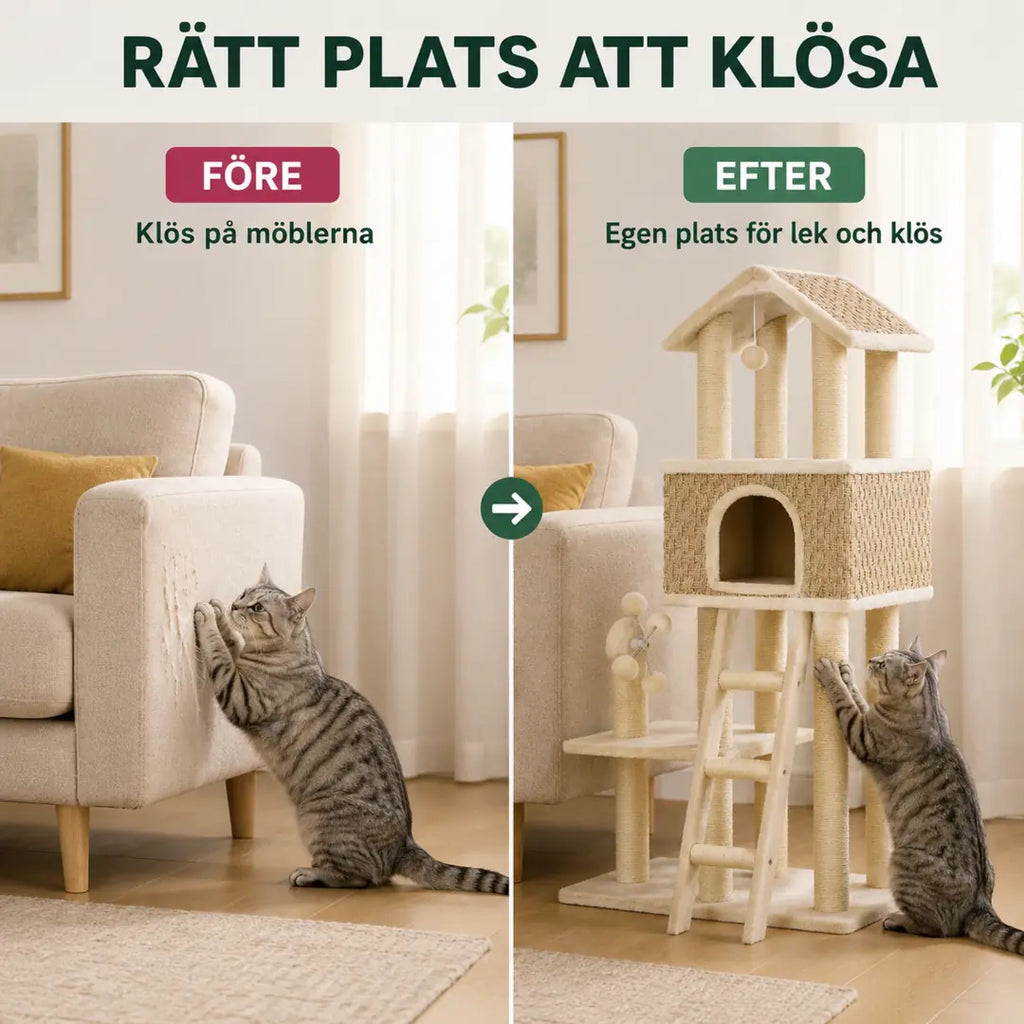 PawHut Klösträd i Sjögräs före och efter möbelklös - Djurslottet