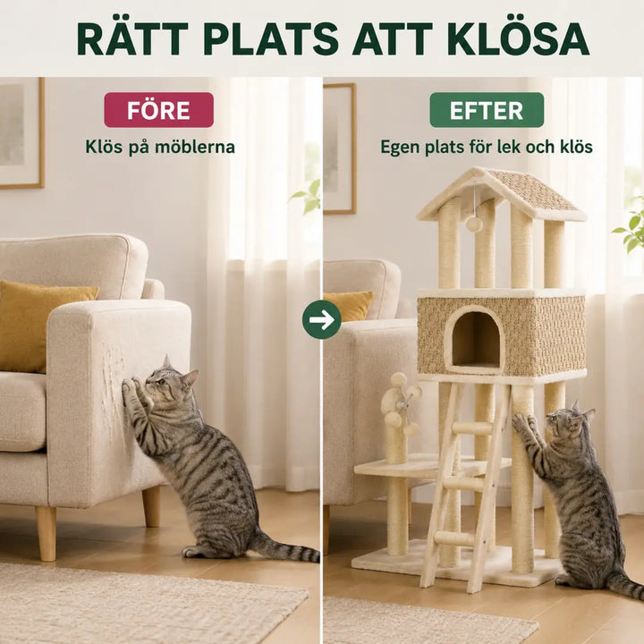 PawHut Klösträd i Sjögräs före och efter möbelklös - Djurslottet