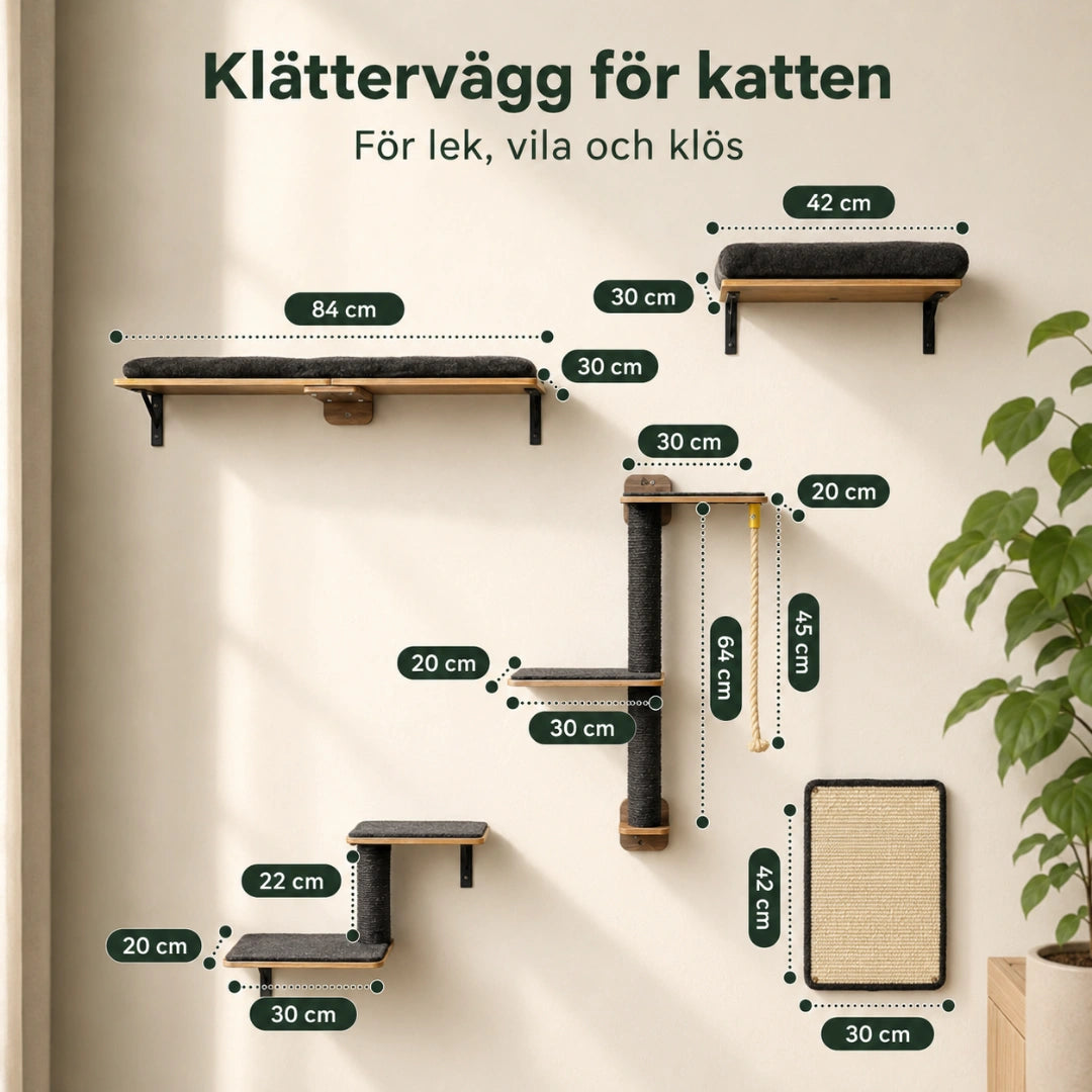 Klätterväggens mått: hyllor 84 och 42 cm, klöspelare 64 cm - Djurslottet