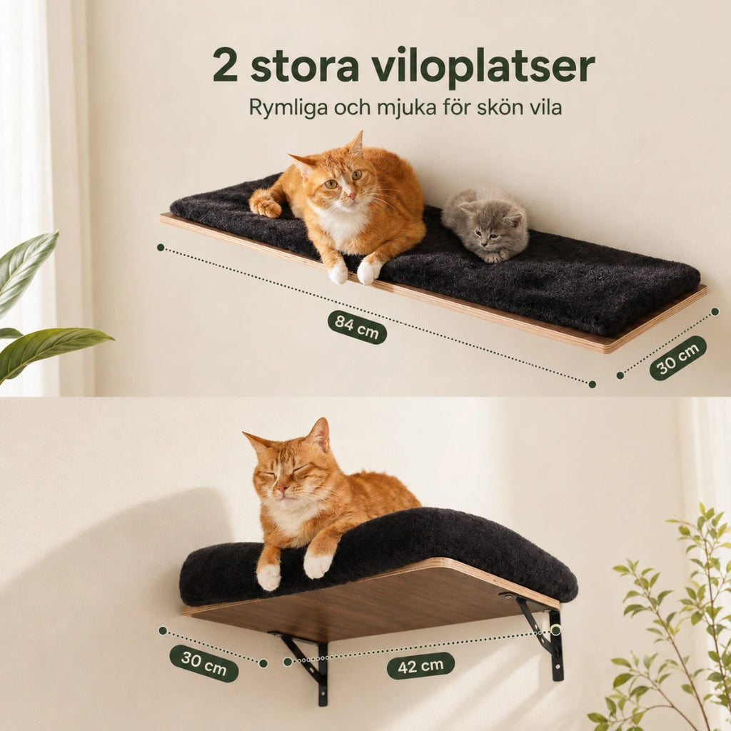 PAWZ väggmonterad klösbräda med två mjuka viloplatser - Djurslottet