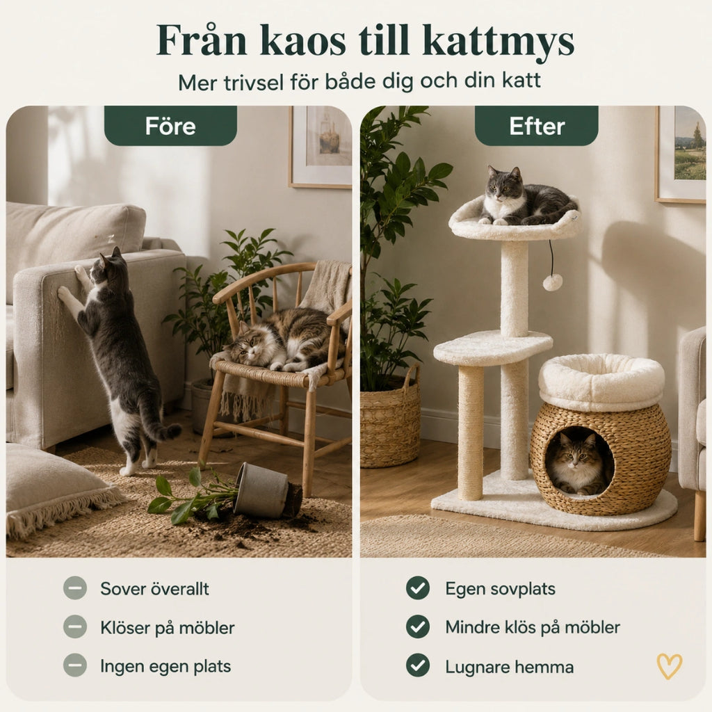 Före och efter med PawHut Klösträd med Kattgrotta i hemmet - Djurslottet
