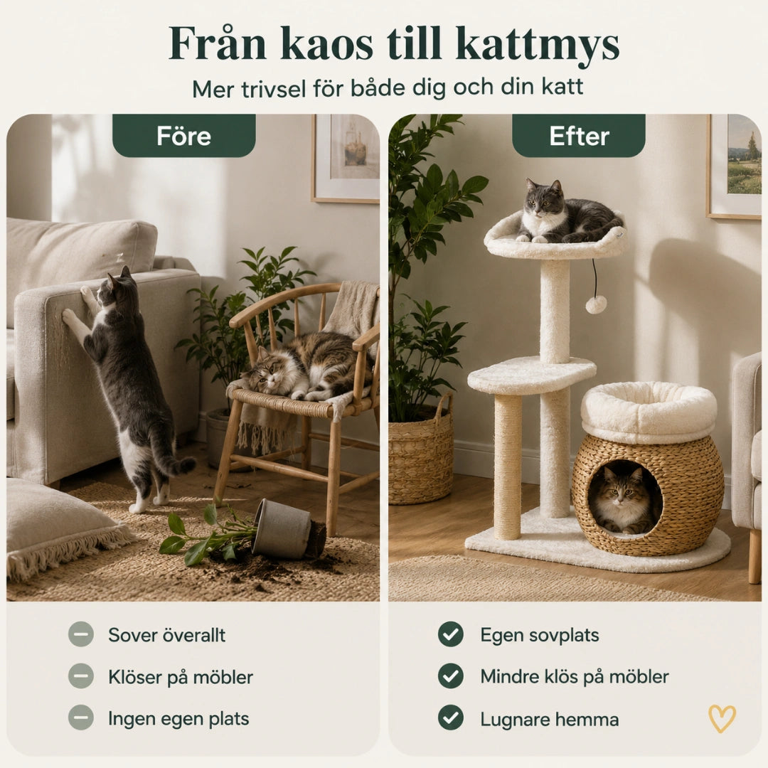 Före och efter med PawHut Klösträd med Kattgrotta i hemmet - Djurslottet