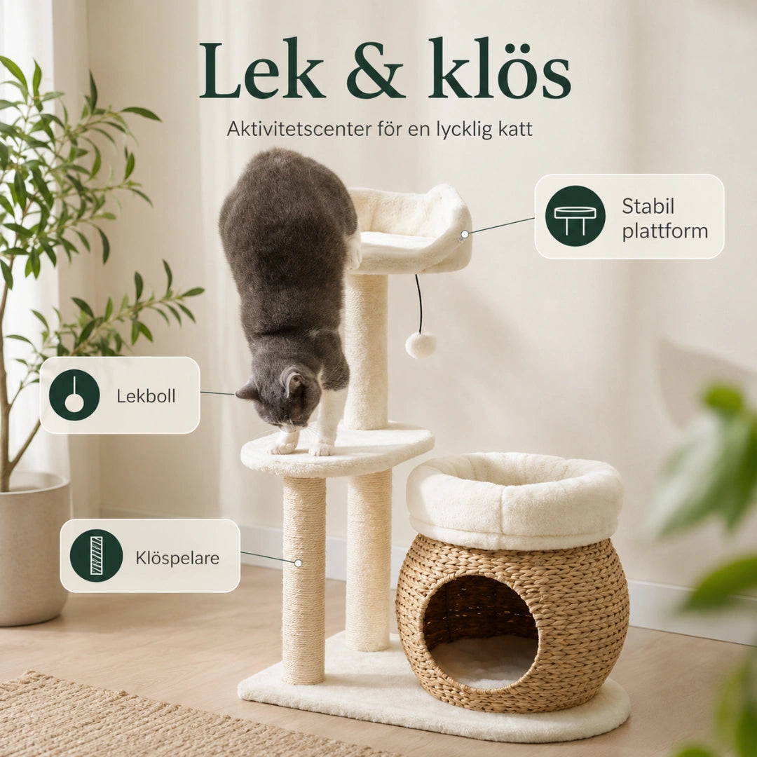 Katt leker vid klöspelaren på PawHut Klösträd med Kattgrotta - Djurslottet
