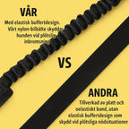 Jämförelse av två hundbälten – elastisk buffertdesign vs. oelastiskt band – på gul bakgrund