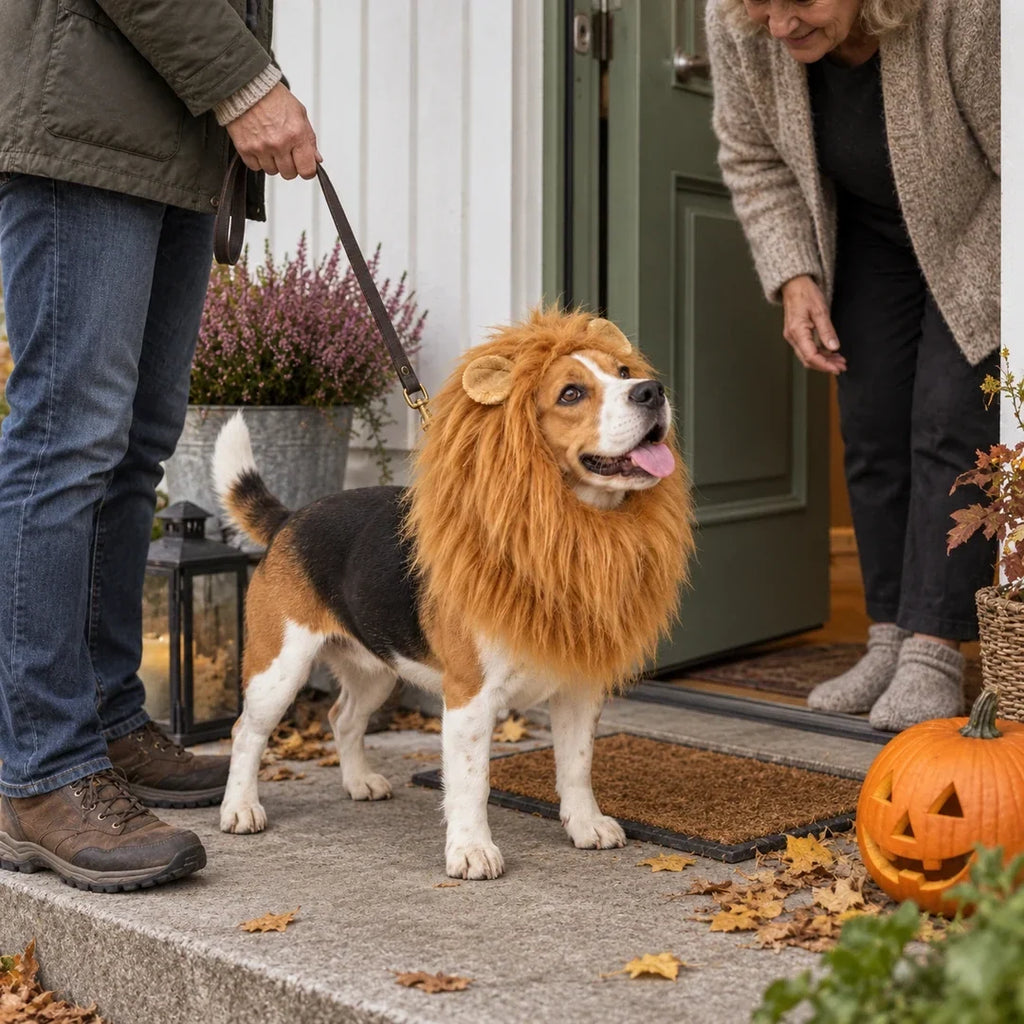 Hundkostym med Lejonman – Beagle vid halloweenpyntad entré – Djurslottet