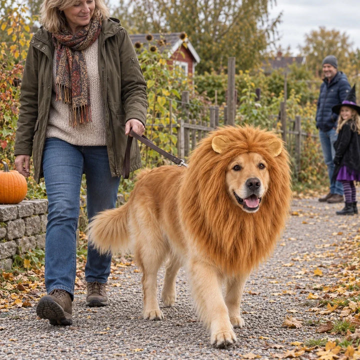 Hundkostym med Lejonman – Golden retriever på höstpromenad – Djurslottet