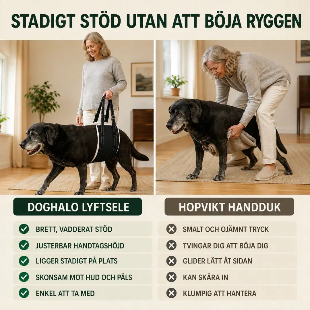 DogHalo lyftsele jämförd med en hopvikt handduk - Djurslottet