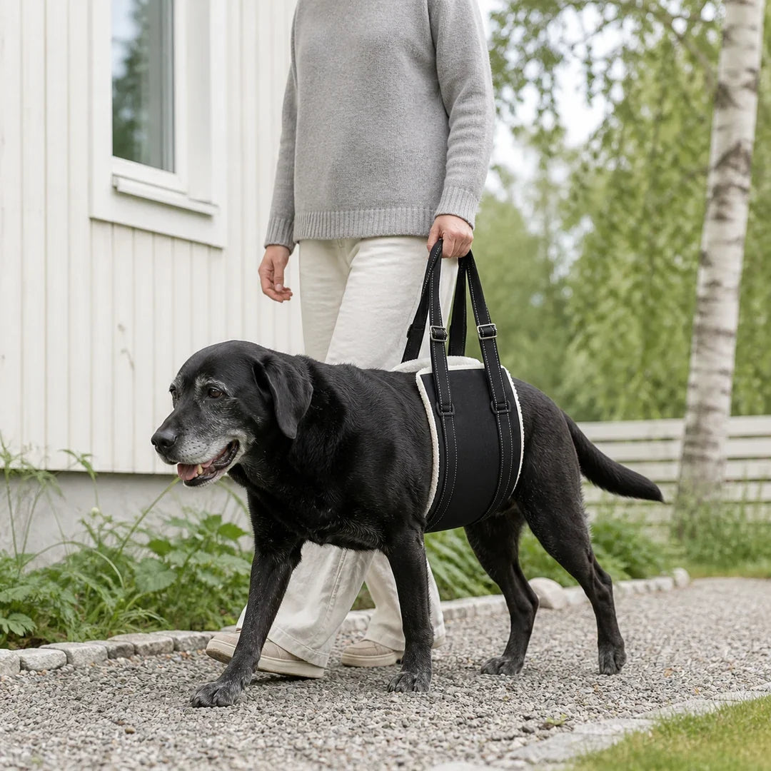 DogHalo lyftsele stöttar en äldre labrador på promenad - Djurslottet