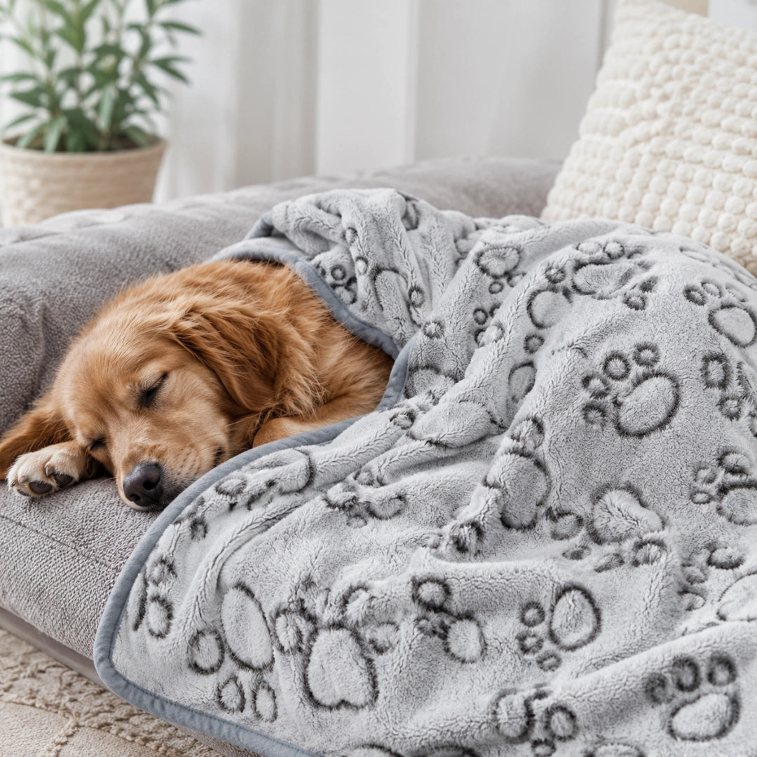 Hund vilar under Nordvarm Mysfilt i soffan - Djurslottet