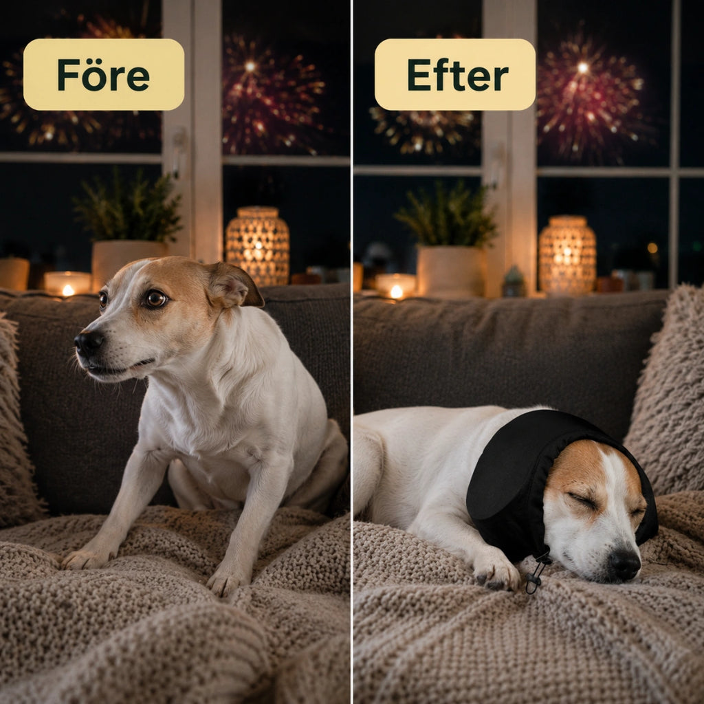 Före och efter, stressad hund som blir lugn med öronskydd - Djurslottet